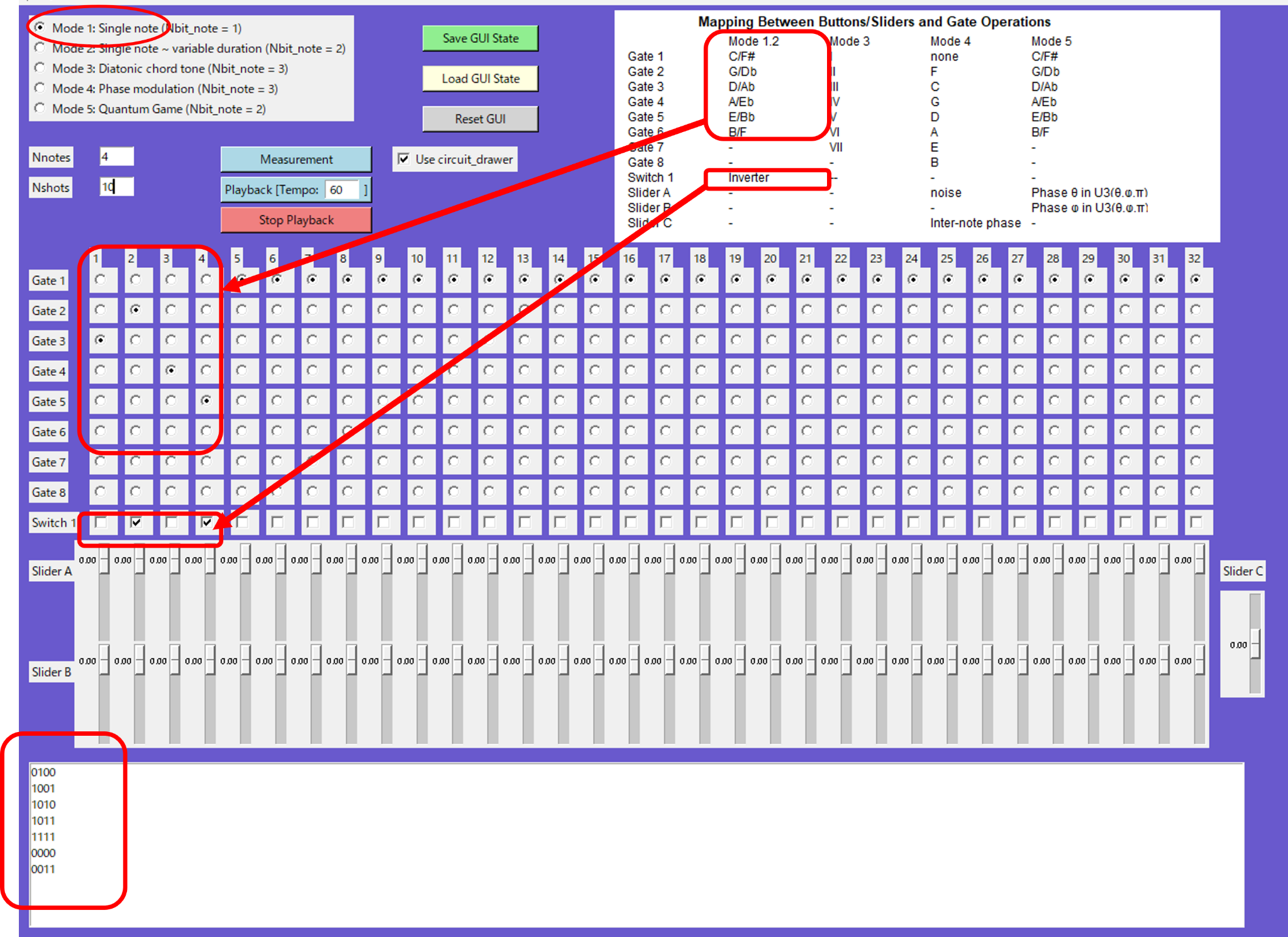 Mode 1 GUI and measured note sequences